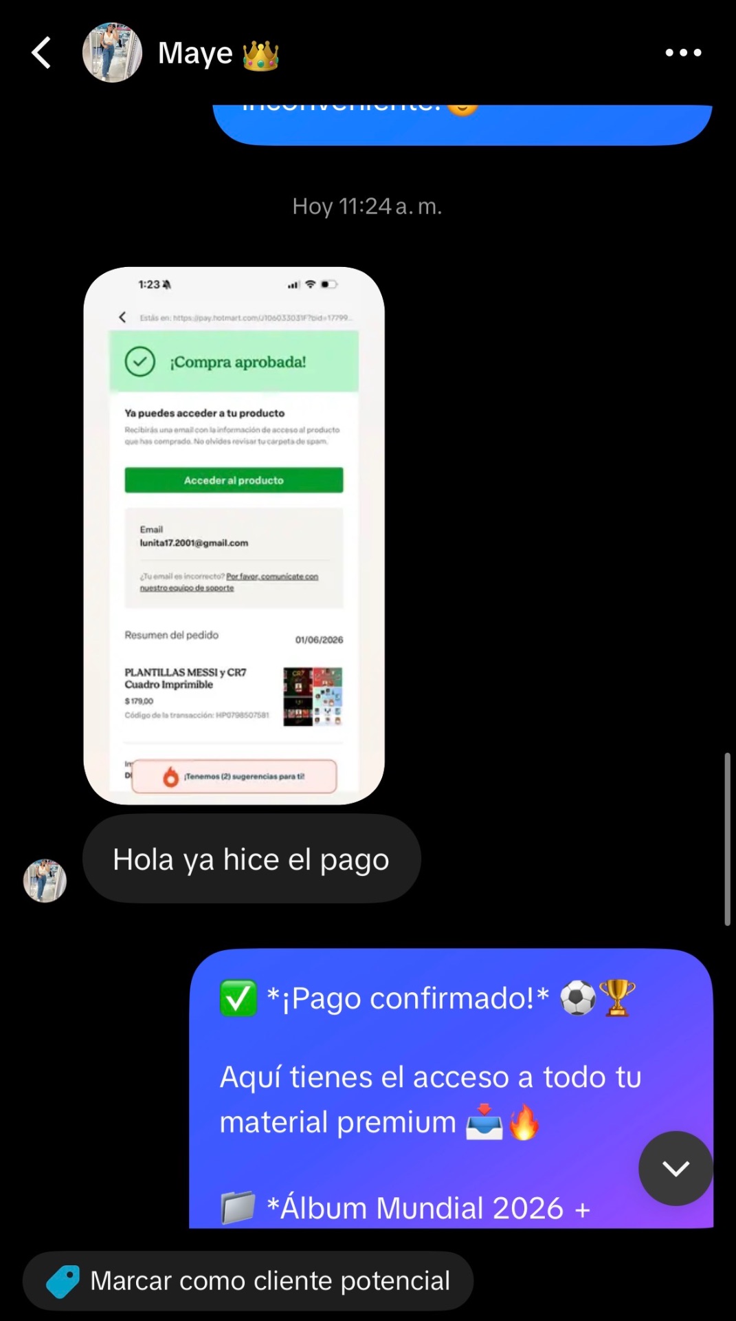 Mensaje real de cliente con compra aprobada en Hotmart